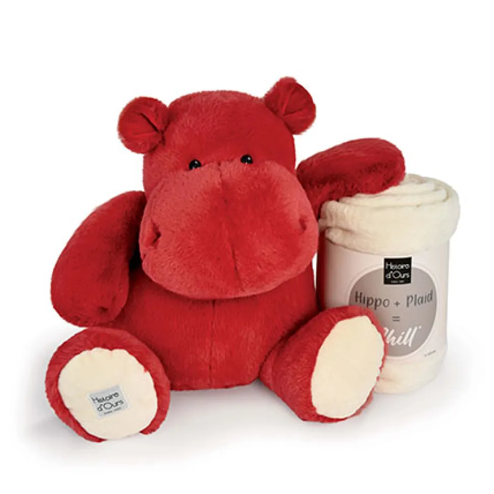 Peluche Géante Hippopotame rouge 45 cm et son Plaid