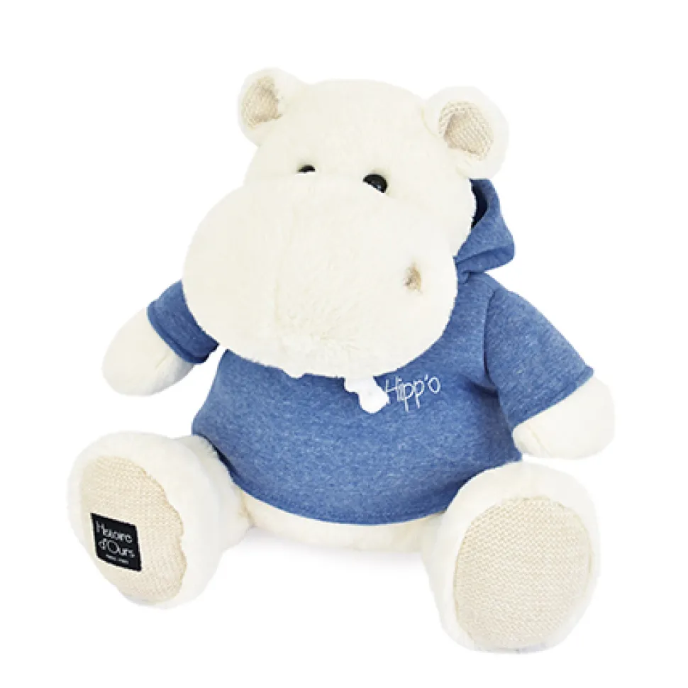Peluche Hippopotame Blanc avec sweat Bleu Jeans - 45 cm